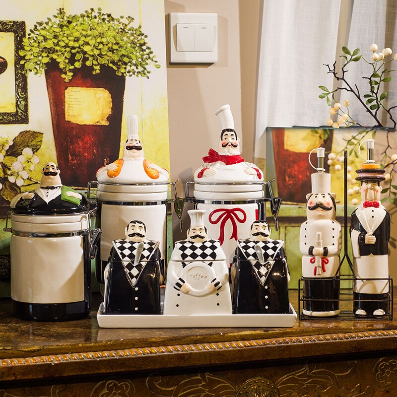 Funny European Ceramic Cartoon Chef Seasoning Jar Salt Sugar Bean Candy Cans MSG Jar with Lid Oil Bottle Kitchen Accessories