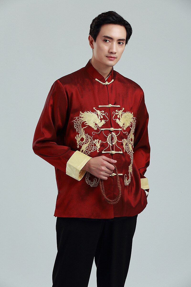 Mannen Traditionele Chinese Draak Borduurwerk Tang Pak Oosterse Tee Tops Shirt Kung Fu Losse Blouse Mannelijke Hanfu Jas Stadiumkostuum