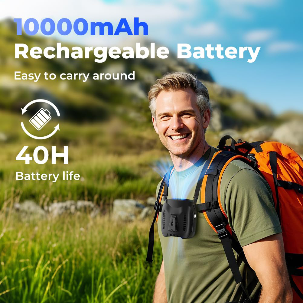 10000 mAh tragbarer Ventilator, wiederaufladbar, Taillenventilator mit bis zu 40 Stunden Arbeitszeit, freihändiger hängender Halsventilator, tragbarer Gürtelventilator