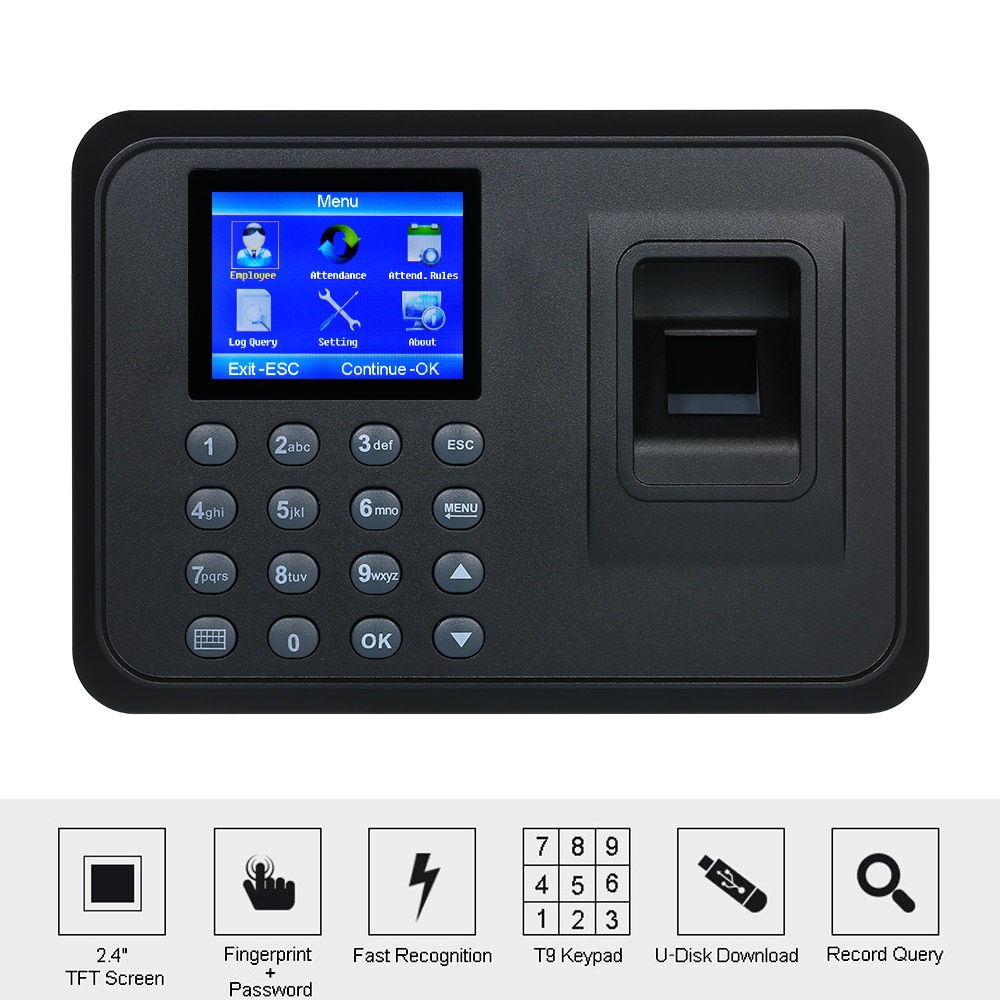 2.4&quot; TFT LCD Display Fingerprint Attendance Machine USB Biometric Employee Checking-in Reader Time Clock Recorder DC 5V/1A