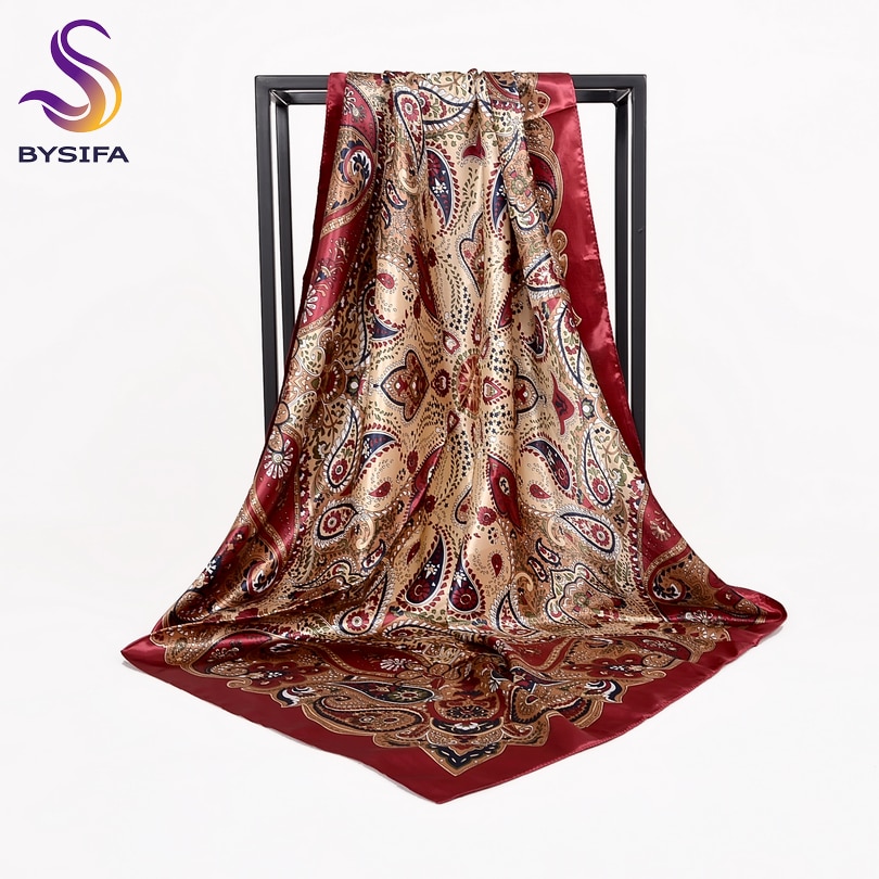 [Bysifa] Herfst Winter Dames Sjaals Accessoires Vrouwen Grote Zijde Vierkante Sjaals Wijn Rood Paisley Moslim Islamitische sjaal