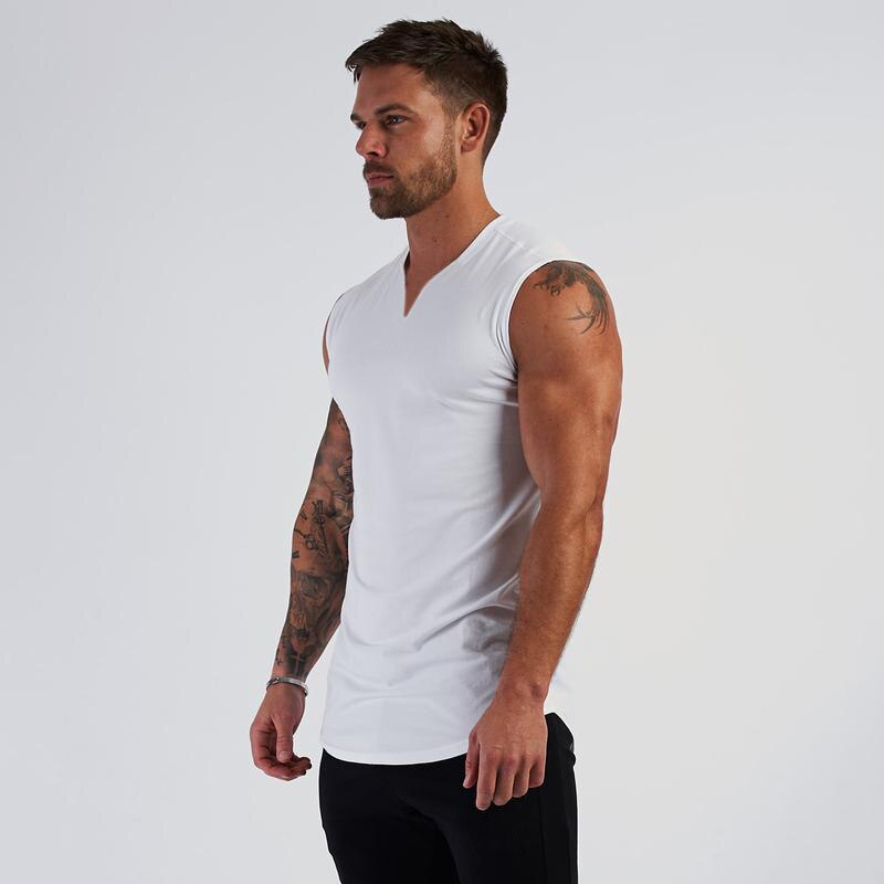 Compression Vest Bodybuilding Stringer Singlets Gym Tank Top Men Fitness Clothing V-neck Cotton Running Sleeveless T Shirt: white / XXL