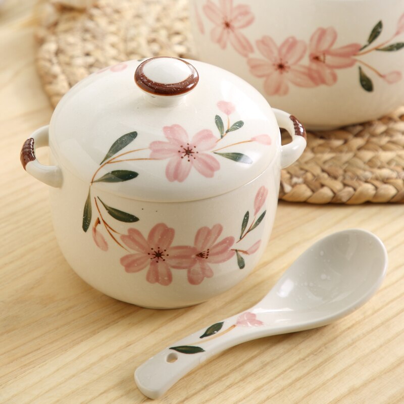 Japanese Hand-painted Ceramic Stew Pot With Lid Spoon Fish Flower Pattern 1L Soup Pot Household Dessert Tank