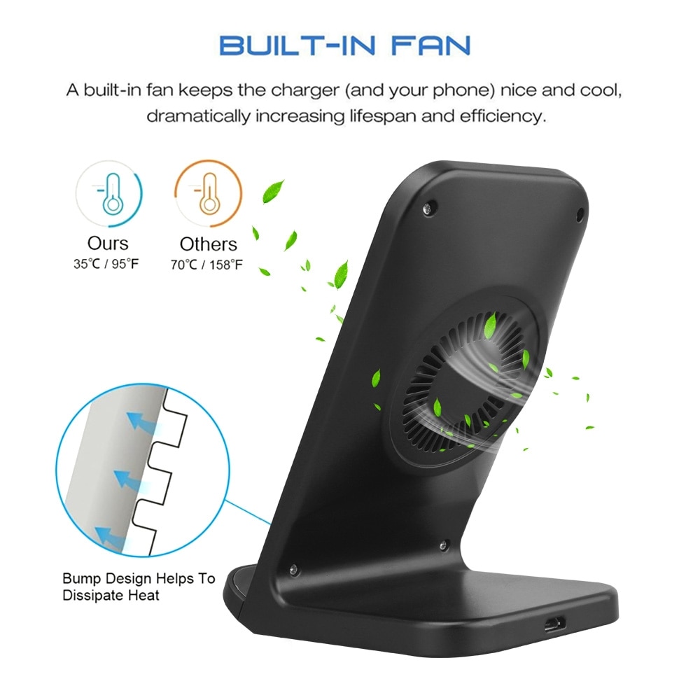 Cargador inalámbrico rápido Qi FDGAO, carga rápida 3,0, USB 10W, soporte de carga rápida con ventilador de refrigeración para iPhone XR XS X 8 Samsung S10 S9