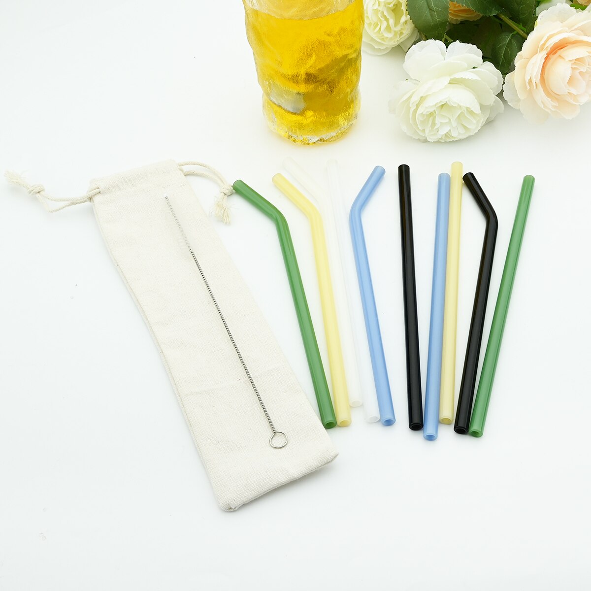 Eco Friendly Reusable Drinking Straws High Borosilicate Glass Straws for Smoothies Straws Cocktails Bar Accessories with Brushes