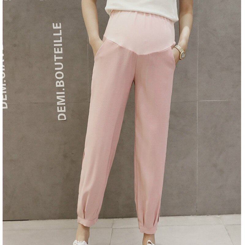 Pregnancy Abdominal harem Pants chiffon Maternity Clothes For Pregnant Women Boyfriend Pants High Waist Trousers Loose Jeans: pink / M