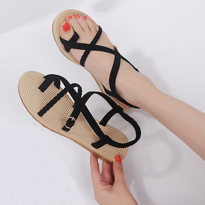 Cross Belt Summer Gladiator Sandals Buckle Sandalia Feminina Women's Beach Sandals Non-Slip On Shoes Lady Black