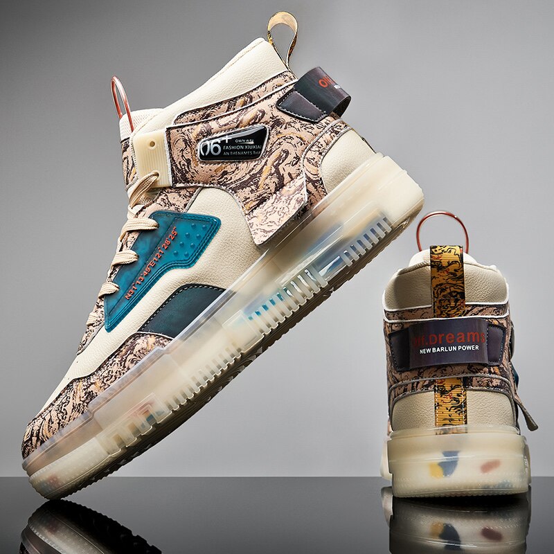Waterproof Sports Shoes Men High-top Graffiti SkateBoard Shoes Platform Sneakers Man Leather Men&#39;s Walking Shoes Zapatos Hombre