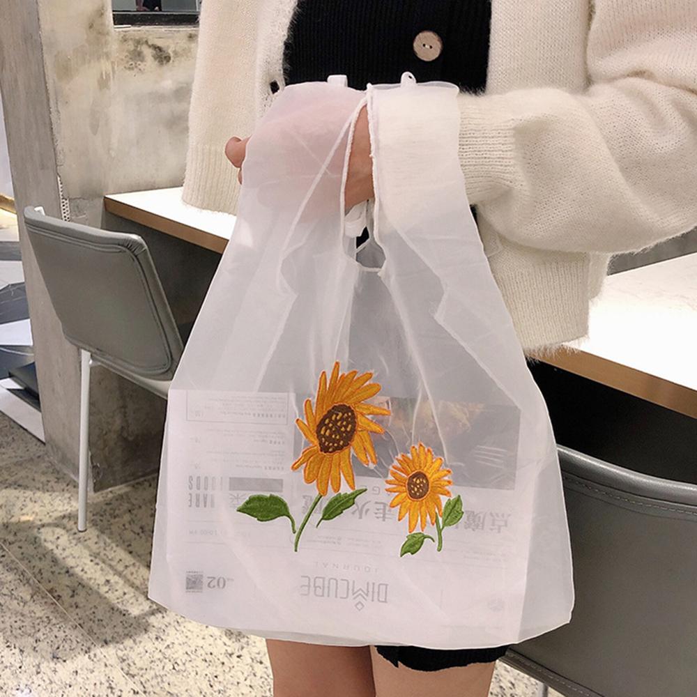 Spring Women Small Transparent Tote Mesh Cloth Bag Daisy Embroidery Handbag Eco Fruit Bag Purse For Girls