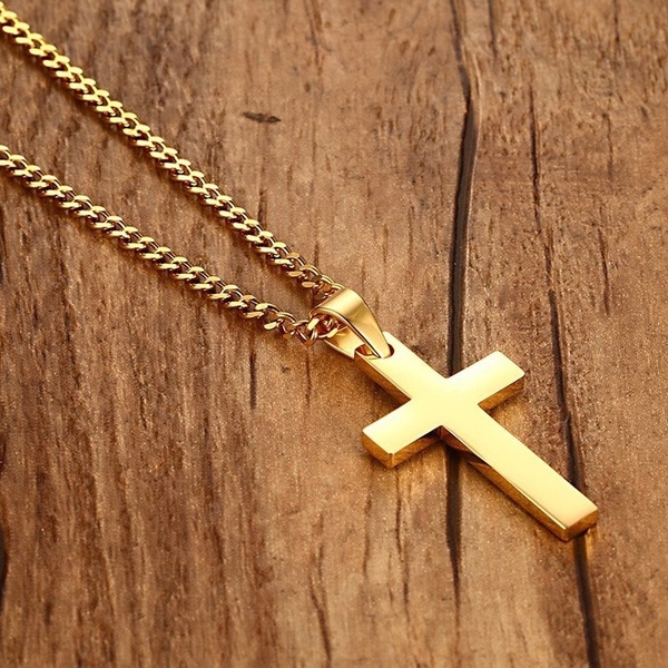 Collar cruzado de acero inoxidable para mujeres, hombres, adolescentes, niñas y niños, collar con colgante Vintage Simple, joyería para aniversario religioso: Color amarillo dorado claro