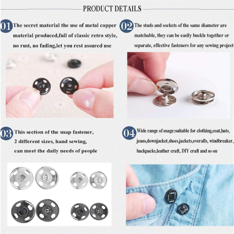 Juego de 10/50 botones a presión de Metal de 10-21mm, Color negro y plateado, botones de cierre a presión para ropa de costura DIY, botones de presión artesanales