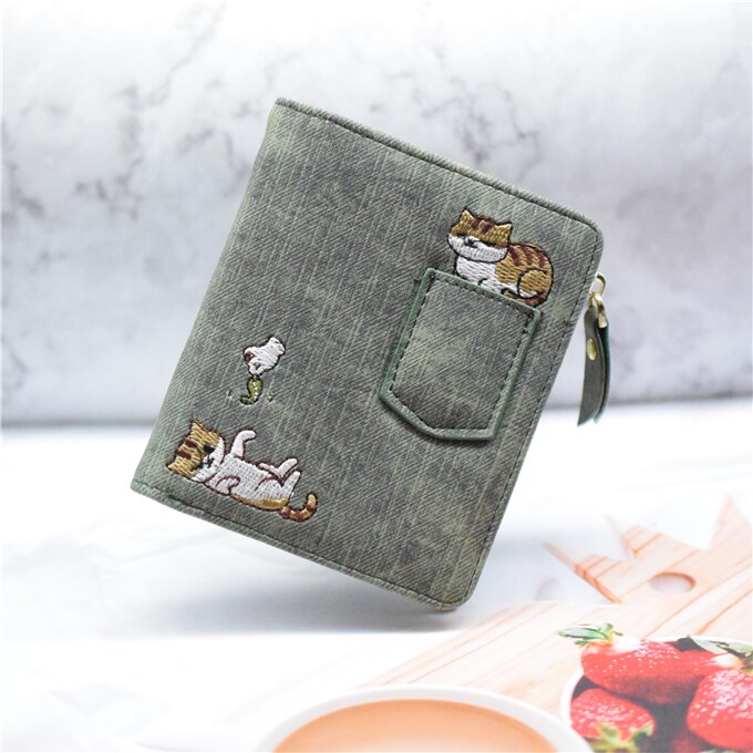 Wallet Women Bird Embroidery Portefeuille Femme Zipper Hasp Short Purse Leather Card Holder Green Blue Pink Black Women Wallets