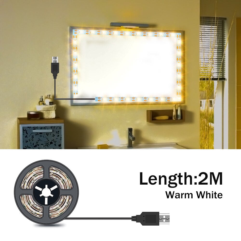 Luz LED para espejo de tocador de maquillaje, lámpara de belleza alimentada por USB para iluminación de decoración del hogar, 1M, 2M, 3M, 4M, 5M, 5V: 2M  Warm White