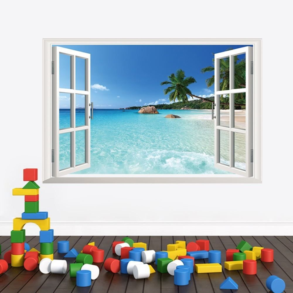 35.4"*23.6"ZY1430 Beach Resort 3D Window View Removable Wall Art Sticker Vinyl Decal Mural home decoration
