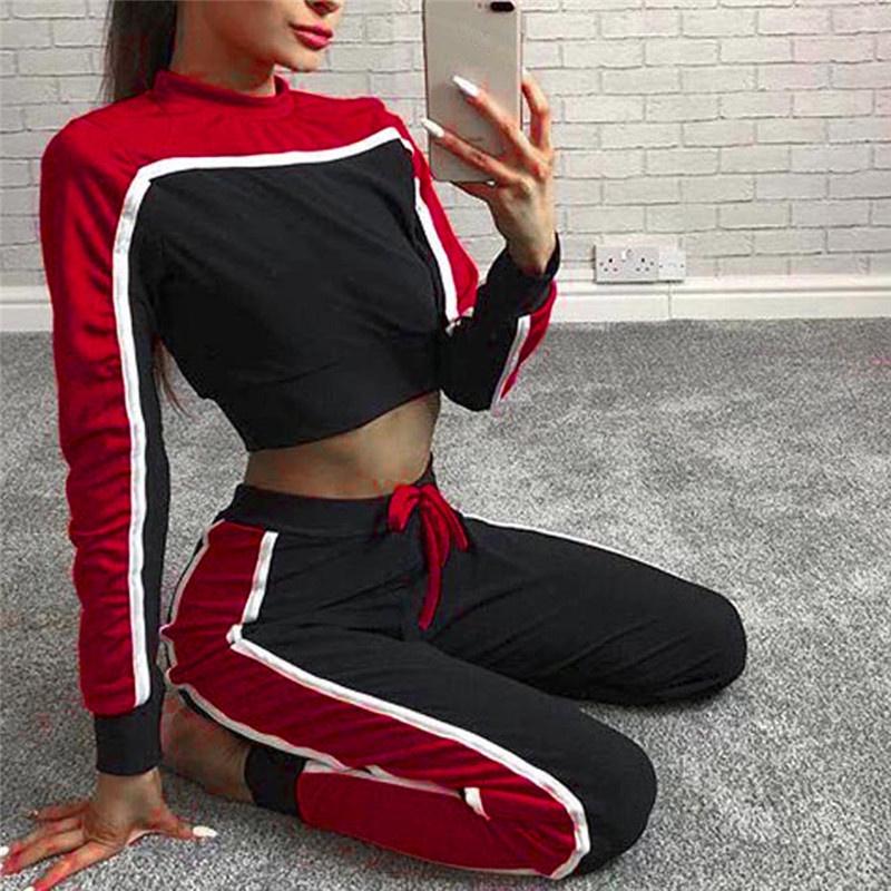 Women Gym Clothing Color Matching O-Neck Long Sleeve Crop Top Lace Up High Waist Pant Tractsuit Sets 2 Piece Sport Jogging Suits