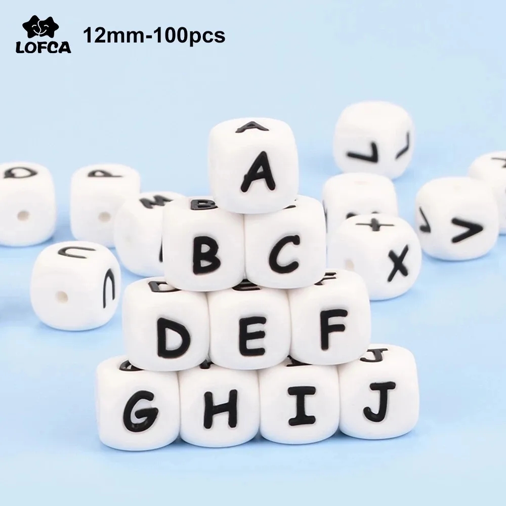 LOFCA 12mm 100 stuks Siliconen Letter Kralen Alfabet Tandjes Kralen Bijtring Engelse Letters Food Grade Baby Verpleging voor tandjes