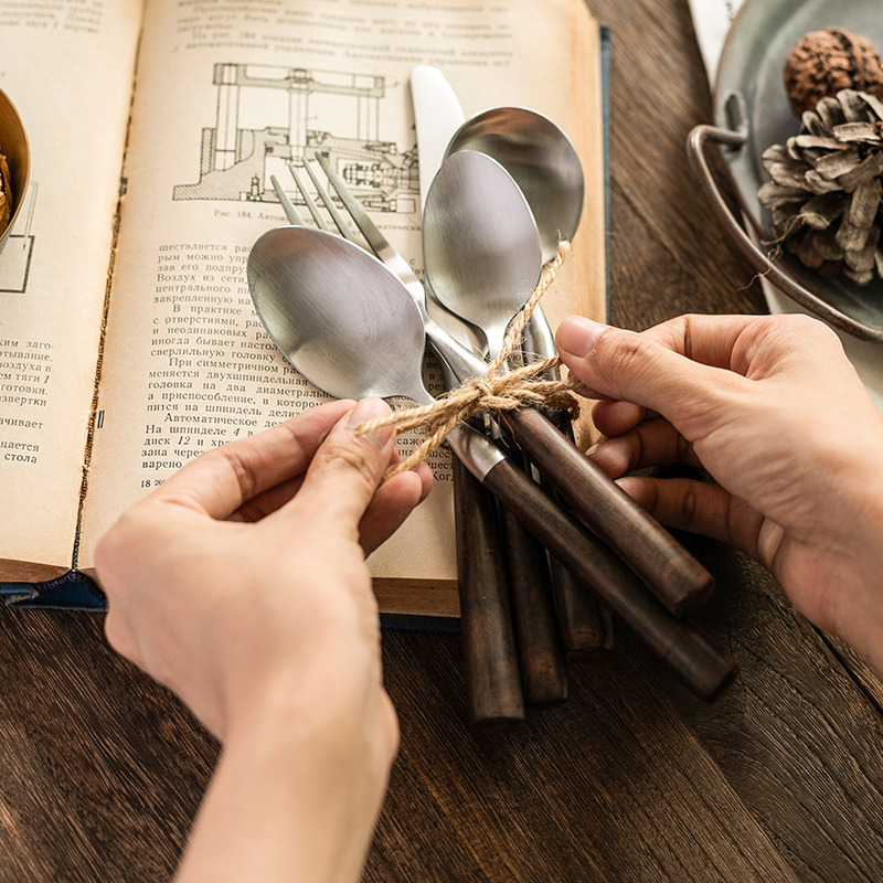 Retro Wooden Handle Dinner Knife Fork and Spoon 304 Stainless Steel Steak Knife Fruit Fork Coffee Tea Spoon Cutlery Set