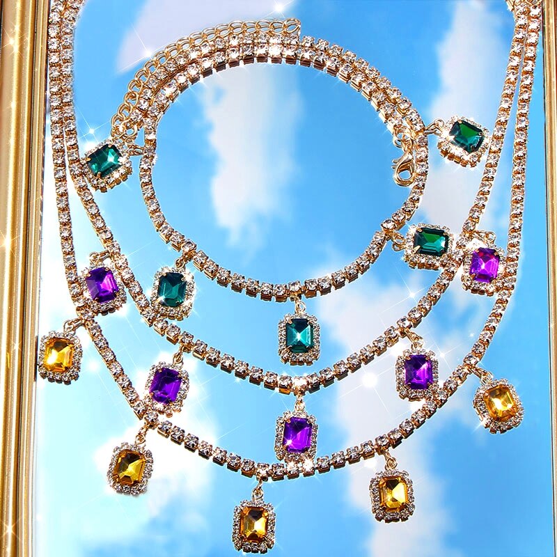 Multicolor Square Crystal Choker Necklace For Women Jewelry Gold Silver Color Bling Rhinestone Tennis Chain Necklace Collar