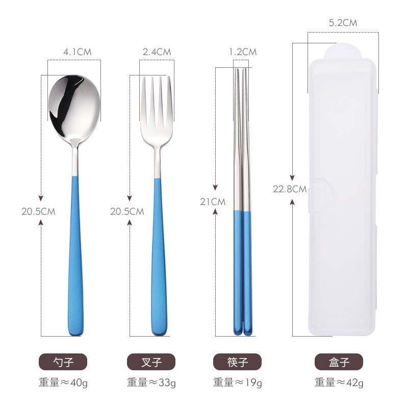 Korean Style 304 Stainless Steel Portable Tableware Set Fork Spoon Chopsticks Three-piece Set Outdoor Travel Tableware Set: 3pcs Blue