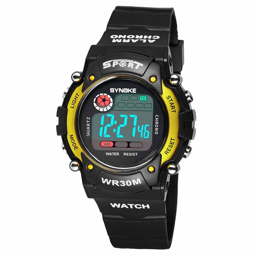 Digitale Horloge Voor Kinderen Wekker 30M Waterdichte Led Lichtgevende Sport Horloge Roestvrij Stalen Gesp Plastic Band Horloge: Yellow