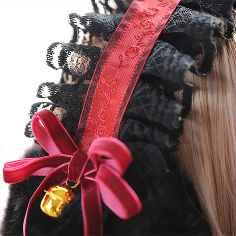 Ear Warmer Winter Accessories Lolita Burgundy Ribbon Bells Plush Ear Covers Girl Gothic Black Lace Earmuffs