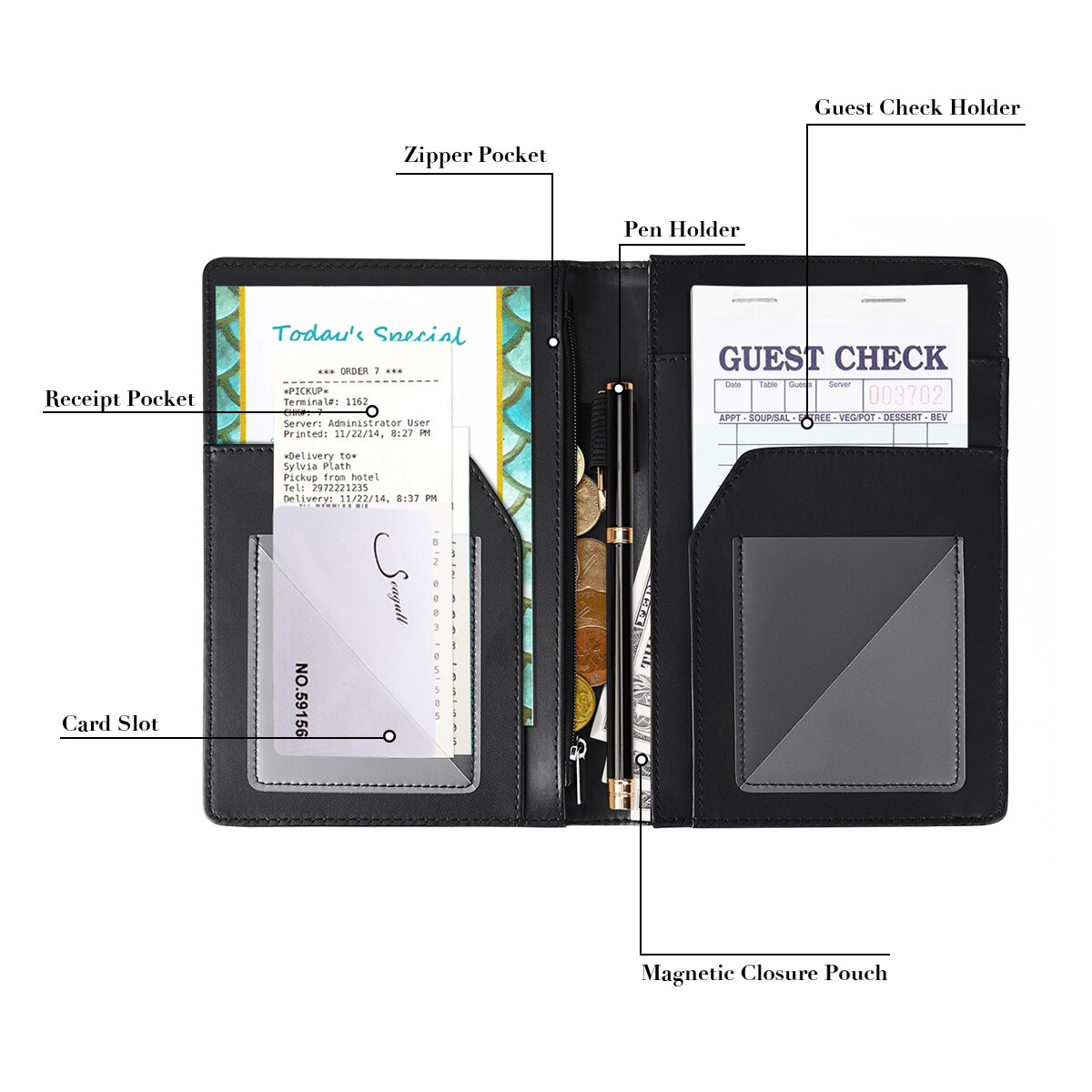 Server Book for Waitress Waiter Marble Style Zipper Pouch with Pen Holder Zipper Pockets ID Checks Holder Receipt Organizer