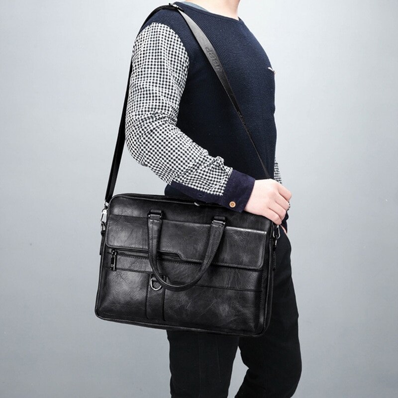 Retro Men Solid Color Bag Faux Leather Briefcase Large Capacity Tote Shoulder Bag Large Casual Business Laptop Briefcase