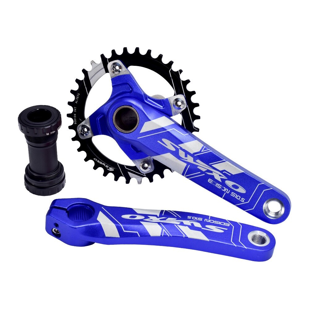Fiets crankstel 170mm 104 bcd mtb fiets crank smal breed kettingblad 32/34/36/38t met trapas fiets crank tandwiel onderdelen: 34t blauwe sets