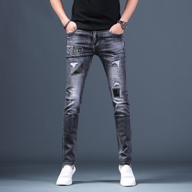 Jean gris déchiré de luxe léger pour hommes, jean de clochard à rayures et coutures, pantalon en Denim extensible de , jean de rue pour hommes