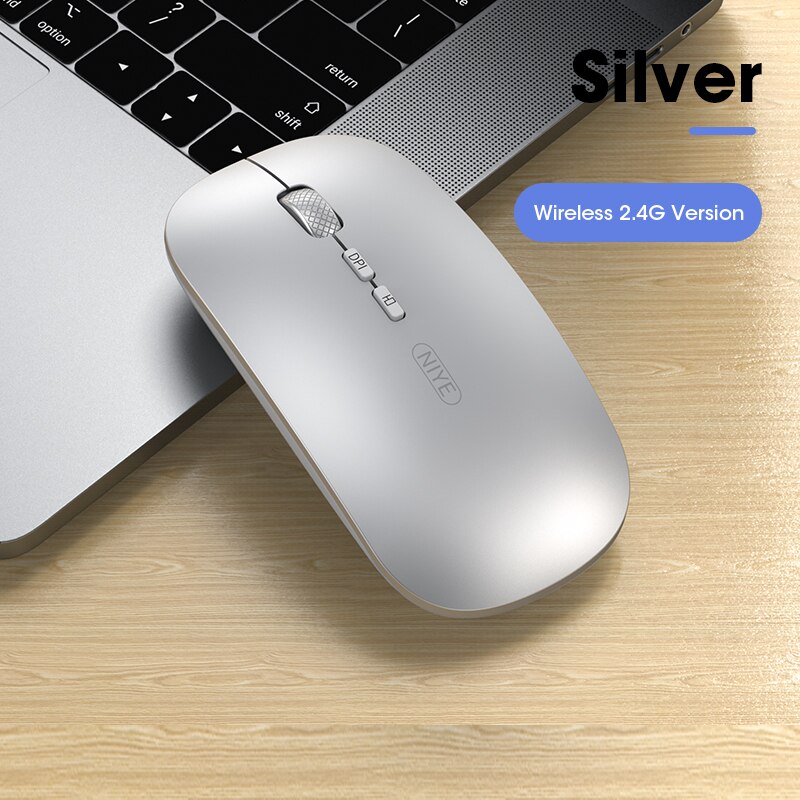 Niye Rechargeable Wireless Mouse - Bluetooth & 2.4GHz USB - Silent Click - Adjustable DPI - for iPad, Laptop, PC: USB Wireless Silver