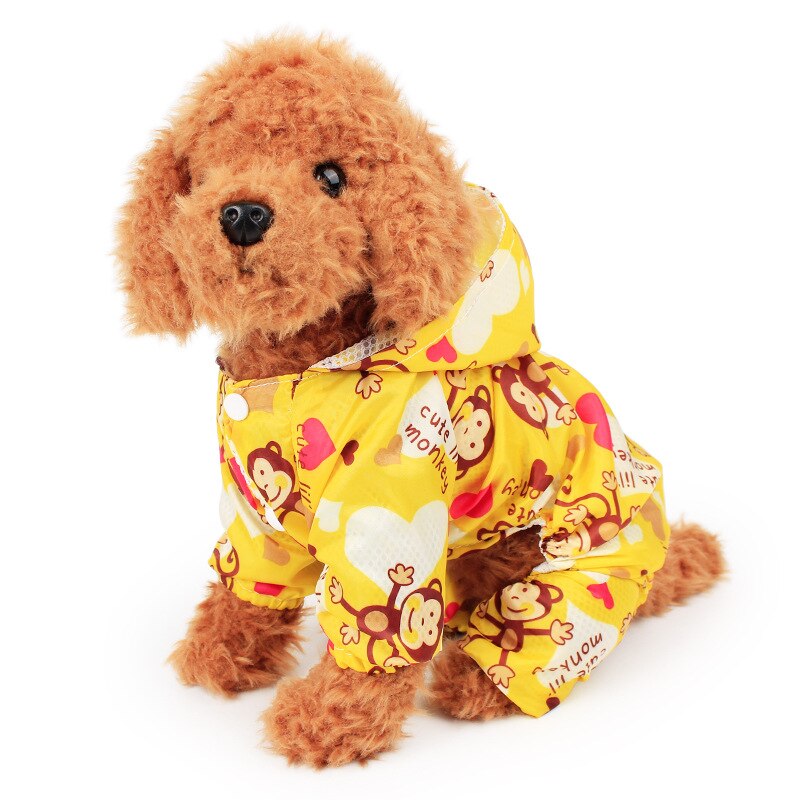 Monkey Printed Dog Raincoat for Small Dogs Waterproof Jumpsuit Puppy Pet Clothes Outdoor Outfits Cartoon Dog Cat Hooded Raincoat: Yellow / L