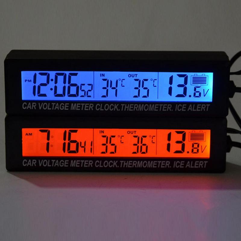 12V/24V Digitale Auto Voltage Meter 3 In 1 Digitale Lcd Klok In/Out Auto Thermometer batterij Voltage Monitor Meter