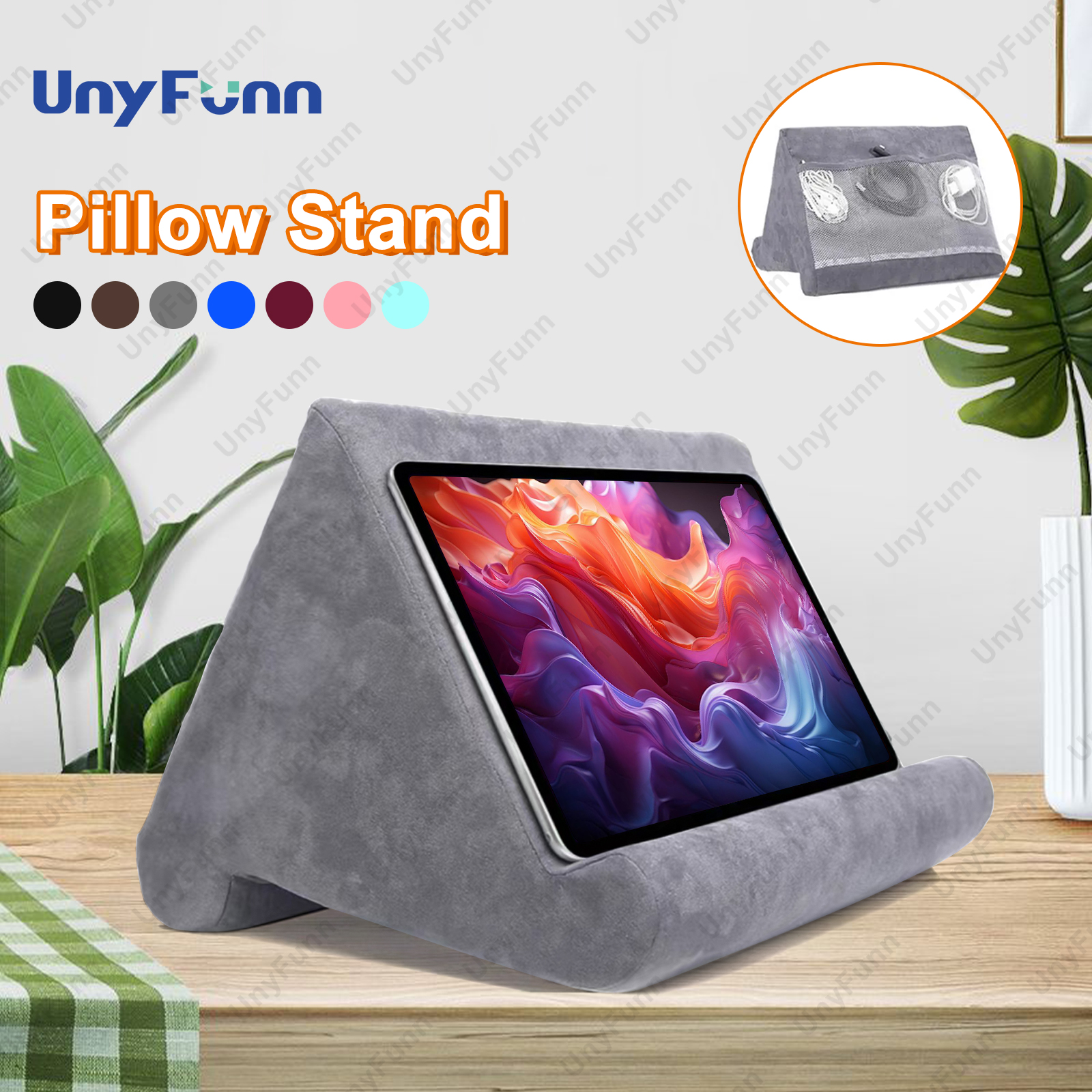 Zachte tabletkussenshouder met kabelzak Pad Tabletbeugel Dock voor schootbed en bureau voor iPad Telefoon Kindle Leesstandaard