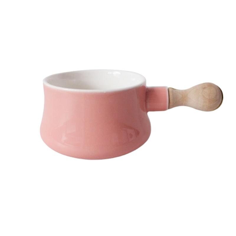 380Ml Keramische Mini Steelpan Soepkom Noodle Ontbijt Melk Koffie Kom Met Houten Handvat Keuken Koken Gereedschap: Pink