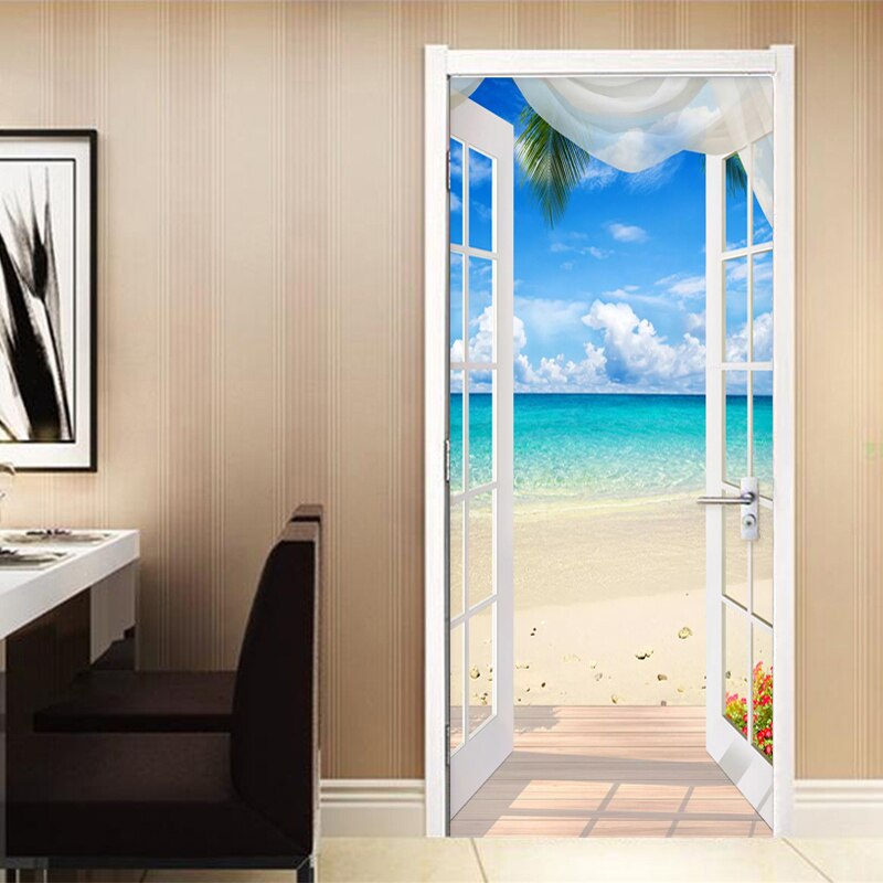 PVC Self-adhesive Door Sticker Window Sandy Beach Seascape 3D Photo Wallpaper Mural Living Room Bedroom Door Decoration Stickers
