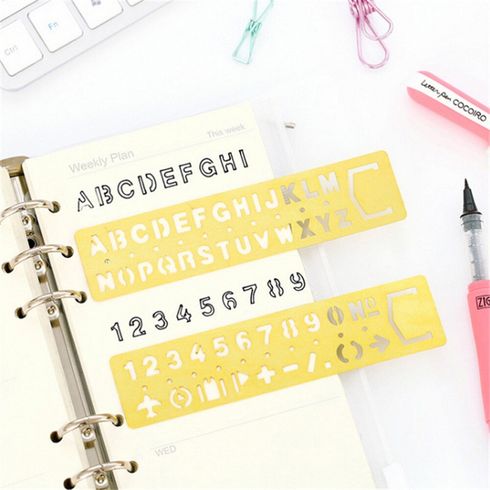 Retro Brass Multifunction Drawing Template Ruler Alphanumeric Hollow Metal Ruler DIY Handwriting Learning Tool Ruler
