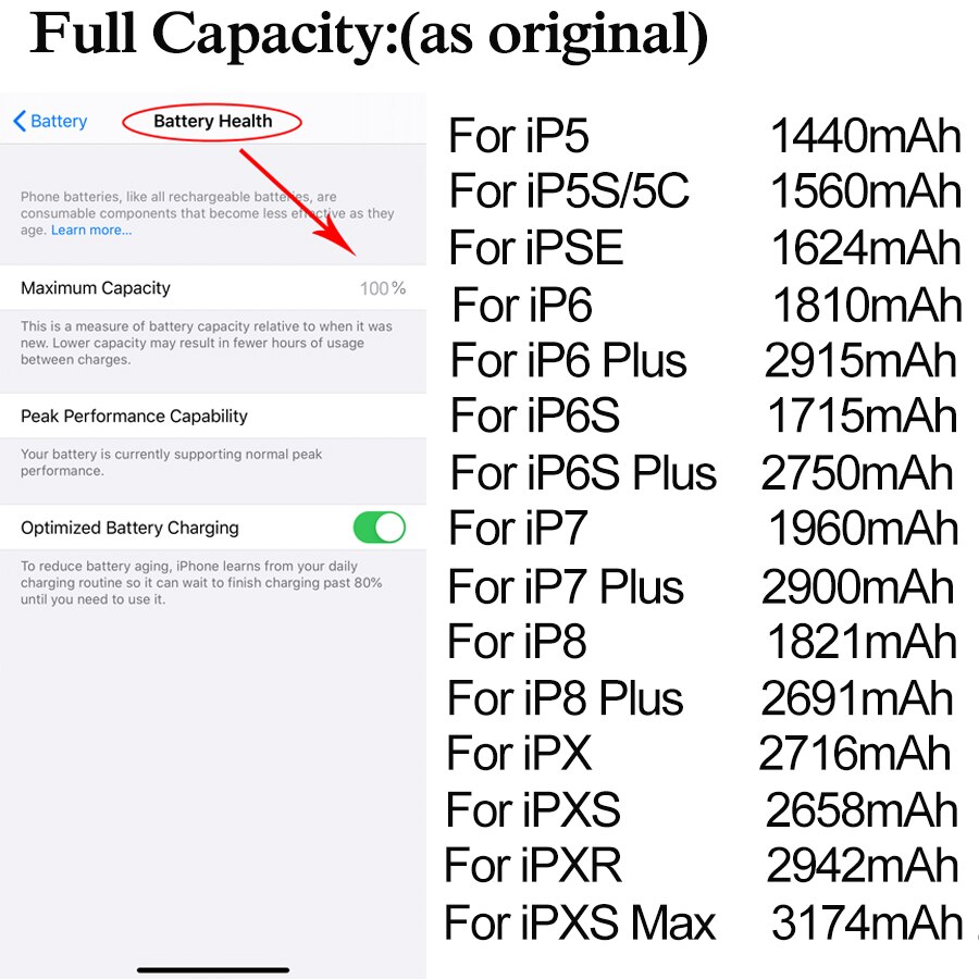 Capacità originale della batteria del telefono mobile per il iphone 4 4S 5 5S 5C SE 6 6S 7 8 più di X XR XS Massima della batteria batterie durevoli sentire strumento