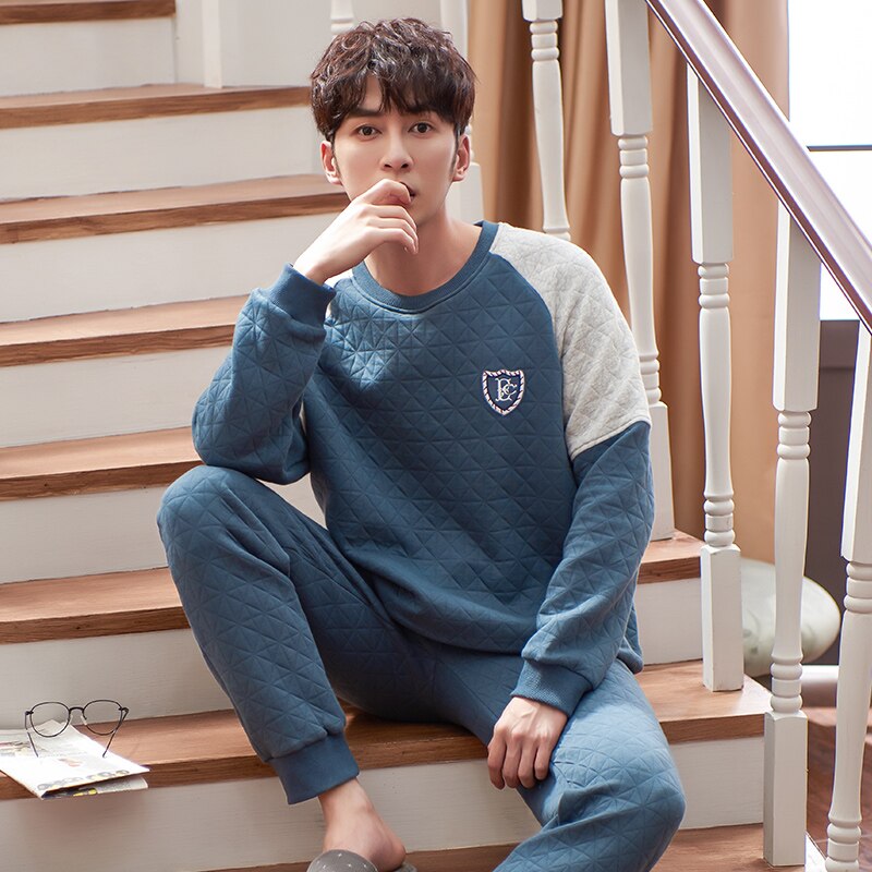 Winter Dicke Warme Blau Stepp Schlafanzug setzt für Männer Langarm Luft baumwolle Zwischenschicht Nachtwäsche Loungewear Homewear Hause Kleidung