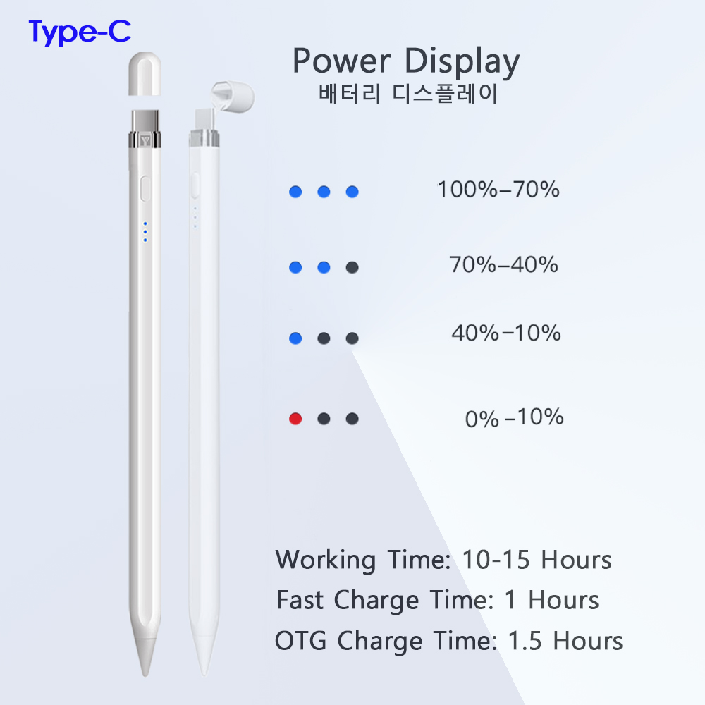 Peilinc OTG Pencil Stylus Pen for iPad Pens for Apple Pencil 2 1 Battery Display Reminder Tilt Palm Rejection 애플펜슬: OTG Type-C