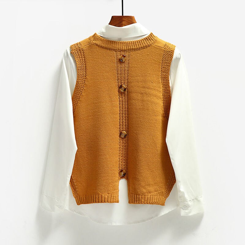Solid ydre slid rund hals strik vest korte kvinder efterår og vinter koreansk ærmeløs vest sweater