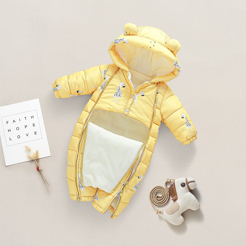 Winter warm geboren 3m 6m 9m 12m 70 80 90 100cm peuter baby capuchon jumpsuit overall jas plus fluwelen baby jongen rompertjes