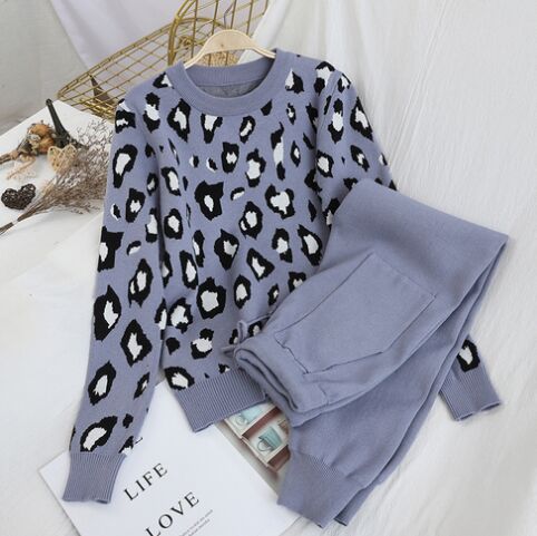Amolapha dam stickad leopard pullover tröjor+byxor set kvinna jumpers byxor 2 st kostymer outfit: Som bild