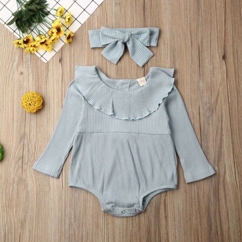 Vêtements pour bébés filles, vêtement de printemps et automne, combinaison à volants tricoté à manches longues, couleur unie, ensemble + bandeau,