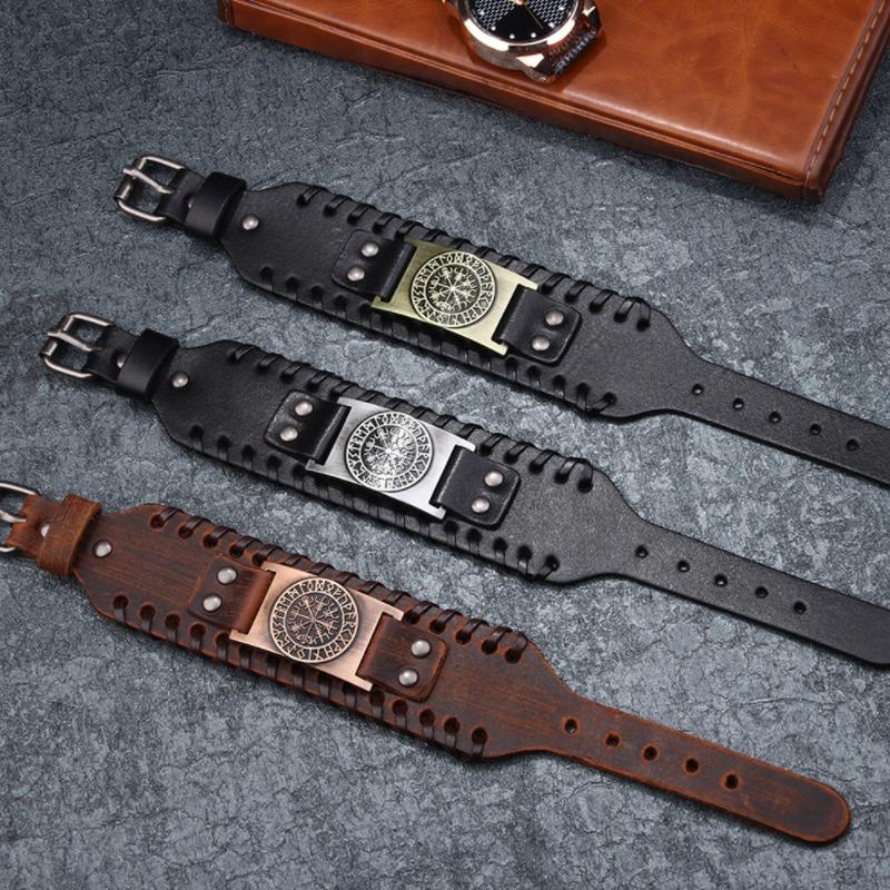 Nordic Vintage Kompas Talisman Viking Armband Punk Lederen Verstelbare Pols Wrap Armband Voor Mannen Boy Biker Sieraden