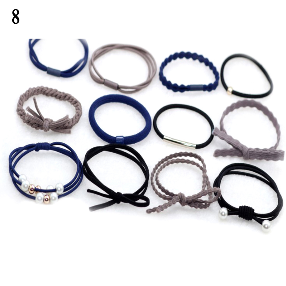 12Ps/Set Elastic Hair Bands For Hair Tie Blue Pink Women Girls Korean Flower Pearl Hair Bands Ponytail Holder Hair Accessories