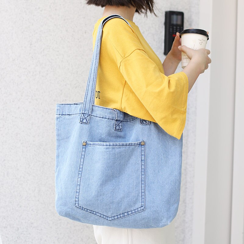 Eenvoudige Originele Accommodatie Stijl Canvas Tas Mode Jeans Handtas Ins Leisure Retro Student Schoudertas: Light blue