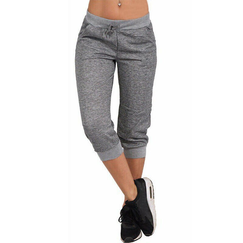 Pantalones de deporte gris para correr para mujer, pantalones de señora de verano, gimnasio, Fitness, cintura media, pantalones de longitud de pantorrilla, pantalones de lápiz