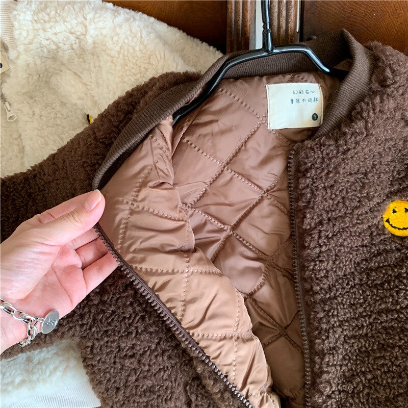 Herfst winter meisjes warme fleece jas kinderen glimlach jassen meisje dikke jas: Bruin / 5