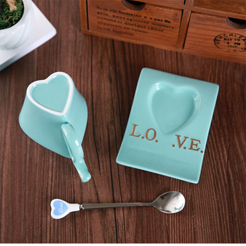 LOVE Heart Shape Lover Coffee Mug Ceramic Milk Mug with Plate Couple's Morning Tea Cup Office Water Cup for Girls