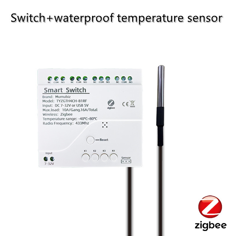 Tuya Smart TH10 Zigbee 4-kanaals schakelaar met temperatuur- en vochtigheidssensor Passief droog contact Zigbee-relais Werk met Alexa: Beige / Bundle1